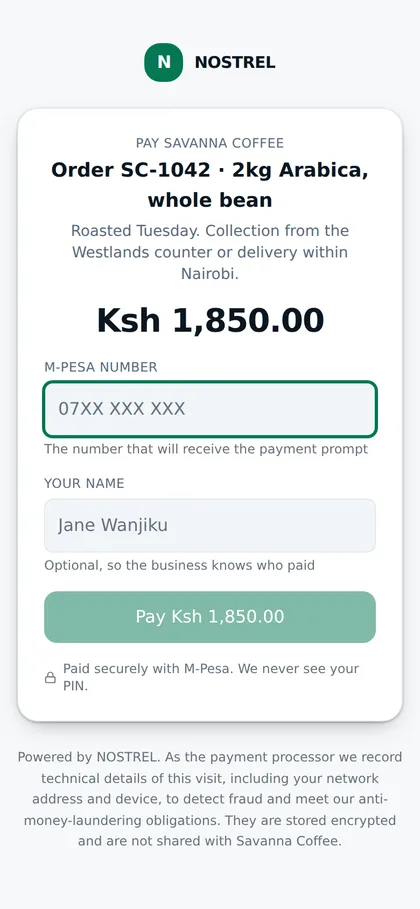 The hosted checkout on a phone, showing an order for 2kg of Arabica coffee at 1,850 shillings with a field for an M-Pesa number.