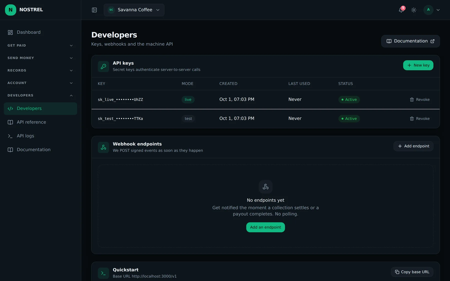 The developers screen showing live and test API keys, webhook endpoints and a quickstart panel.