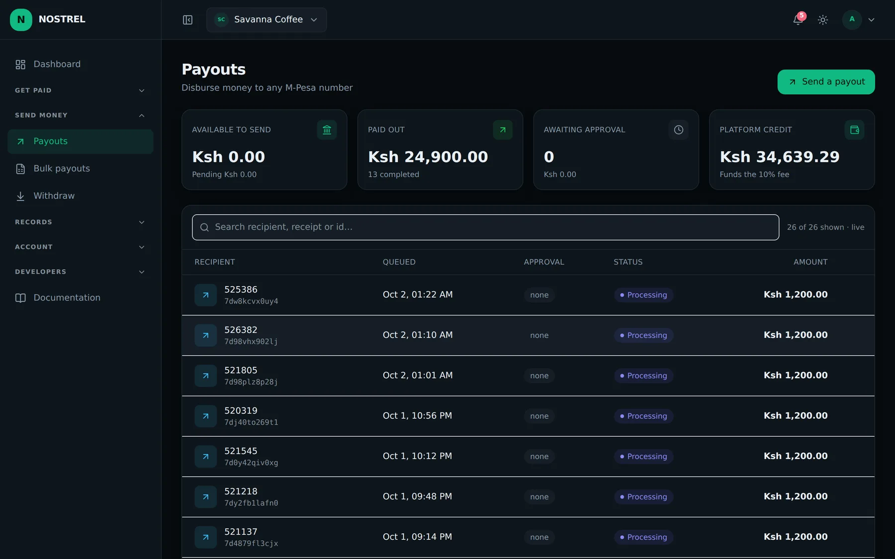 The payouts screen showing available to send, paid out, awaiting approval and a list of recipients with their approval state.